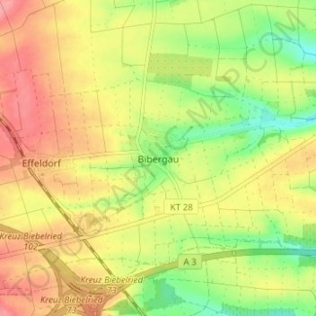 Mapa topográfico Bibergau, altitud, relieve