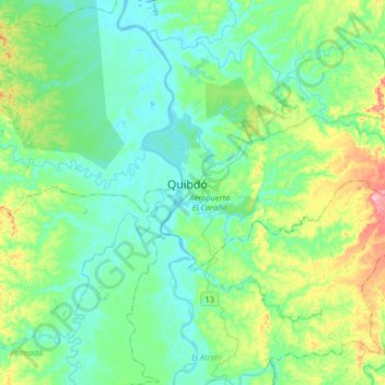 Mapa topográfico Quibdó, altitud, relieve