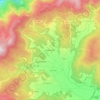 Mapa topográfico Aveçãozinho, altitud, relieve