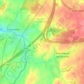 Mapa topográfico Arquennes, altitud, relieve