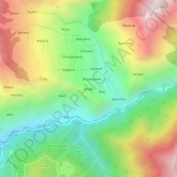 Mapa topográfico Jangla, altitud, relieve
