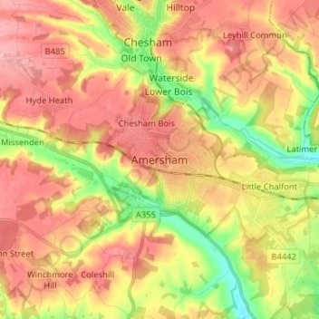Mapa topográfico Amersham, altitud, relieve