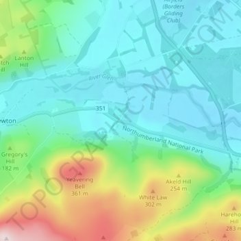 Mapa topográfico Yeavering, altitud, relieve