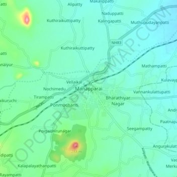 Mapa topográfico Manapparai, altitud, relieve