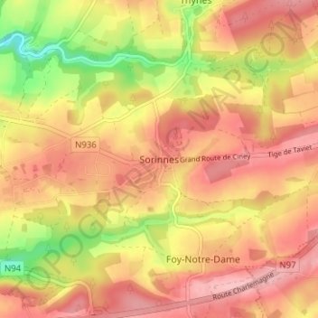 Mapa topográfico Sorinnes, altitud, relieve