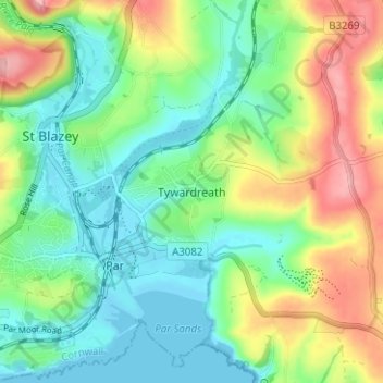 Mapa topográfico Tywardreath, altitud, relieve