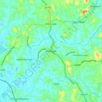 Mapa topográfico Attingal, altitud, relieve