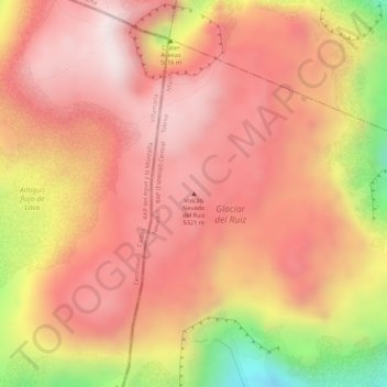Mapa topográfico Volcán Nevado del Ruiz, altitud, relieve