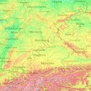 Mapa topográfico Bayern, altitud, relieve