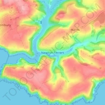 Mapa topográfico Newton Ferrers, altitud, relieve