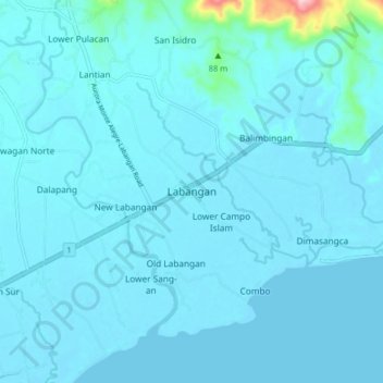 Mapa topográfico Labangan, altitud, relieve