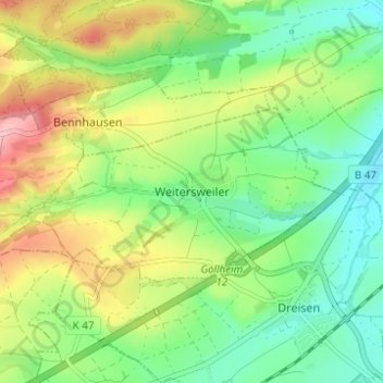 Mapa topográfico Weitersweiler, altitud, relieve