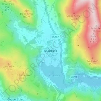 Mapa topográfico Grasmere, altitud, relieve