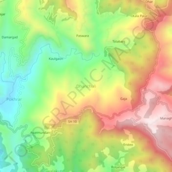 Mapa topográfico Dhanchuli, altitud, relieve