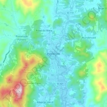Mapa topográfico Pomerode, altitud, relieve