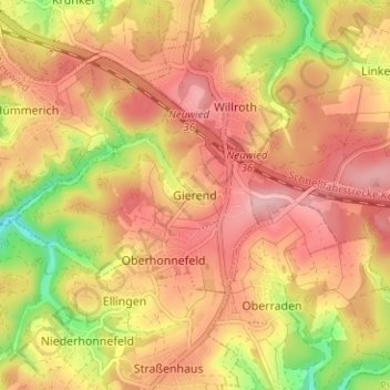 Mapa topográfico Gierend, altitud, relieve