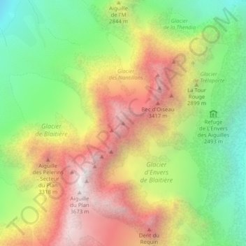 Mapa topográfico Aiguille de Blaitière, altitud, relieve