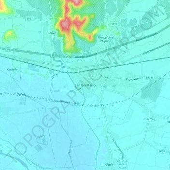 Mapa topográfico San Bonifacio, altitud, relieve
