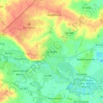Mapa topográfico St Ives, altitud, relieve