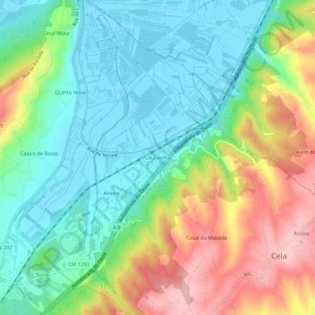 Mapa topográfico Cela Velha, altitud, relieve
