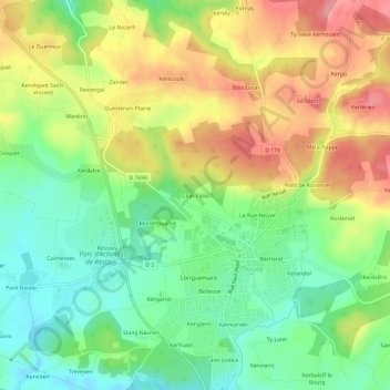 Mapa topográfico Coat-Faou, altitud, relieve