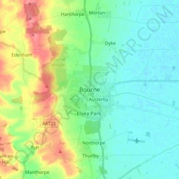 Mapa topográfico Bourne, altitud, relieve