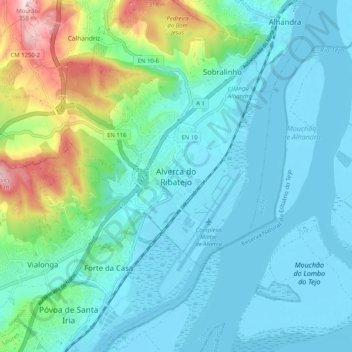 Mapa topográfico Alverca do Ribatejo, altitud, relieve