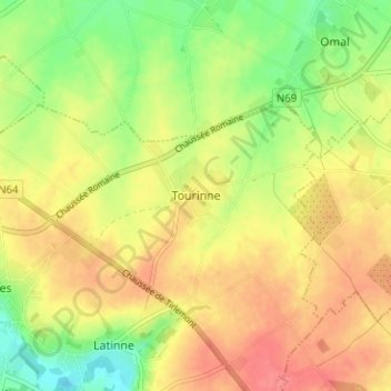 Mapa topográfico Tourinne, altitud, relieve