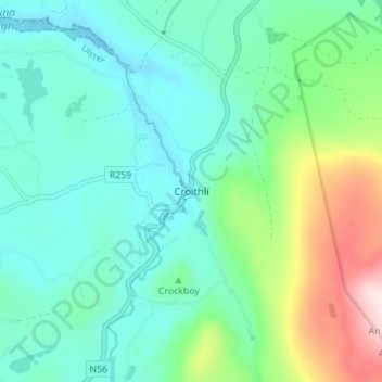 Mapa topográfico Crolly, altitud, relieve