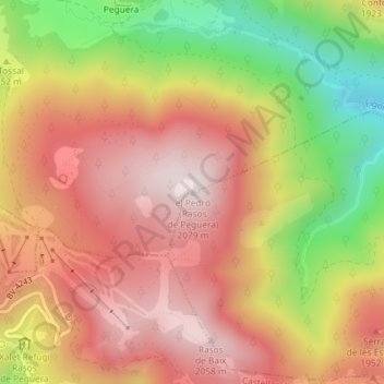 Mapa topográfico el Pedró (Rasos de Peguera), altitud, relieve