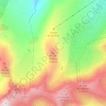 Mapa topográfico Pic de la Mina, altitud, relieve