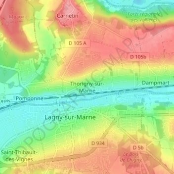 Mapa topográfico Thorigny-sur-Marne, altitud, relieve