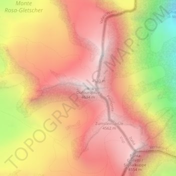 Mapa topográfico Punta Dufour, altitud, relieve