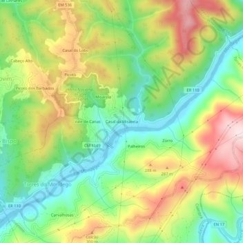 Mapa topográfico Casal da Misarela, altitud, relieve