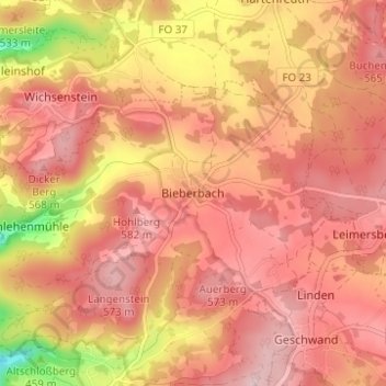 Mapa topográfico Bieberbach, altitud, relieve