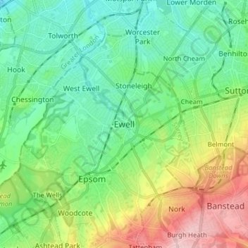Mapa topográfico Ewell, altitud, relieve
