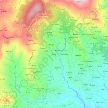 Mapa topográfico Tomà, altitud, relieve