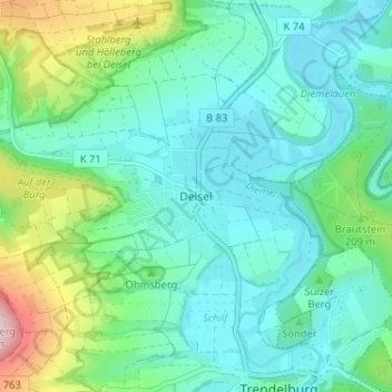 Mapa topográfico Deisel, altitud, relieve
