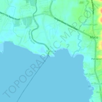 Mapa topográfico Bucana, altitud, relieve