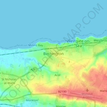 Mapa topográfico Birchington, altitud, relieve