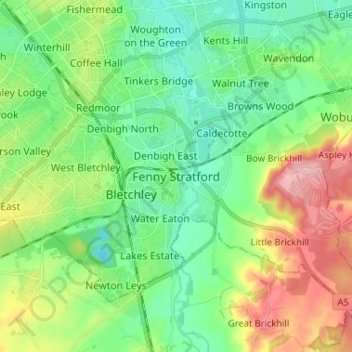 Mapa topográfico Fenny Stratford, altitud, relieve