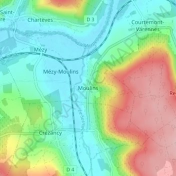 Mapa topográfico Moulins, altitud, relieve