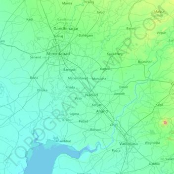 Mapa topográfico Kheda, altitud, relieve