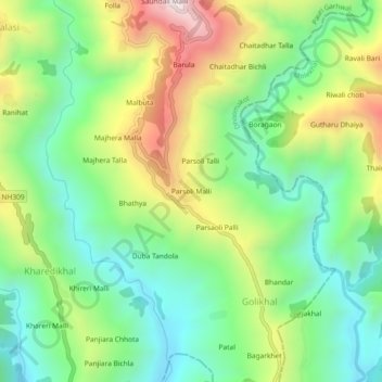 Mapa topográfico Parsoli Malli, altitud, relieve
