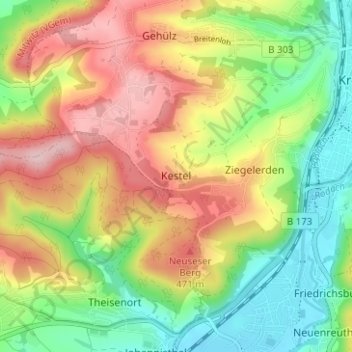 Mapa topográfico Kestel, altitud, relieve
