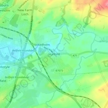 Mapa topográfico Hurlford, altitud, relieve