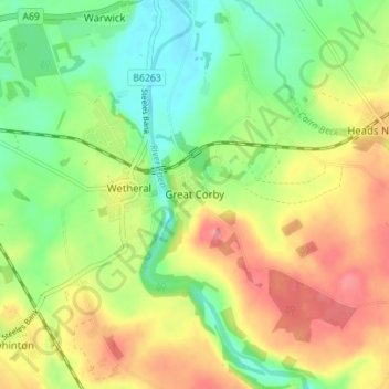 Mapa topográfico Great Corby, altitud, relieve