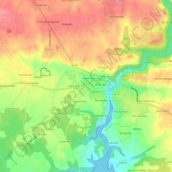 Mapa topográfico Kergam, altitud, relieve