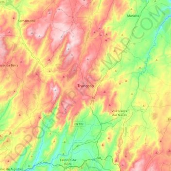 Mapa topográfico Trancoso, altitud, relieve
