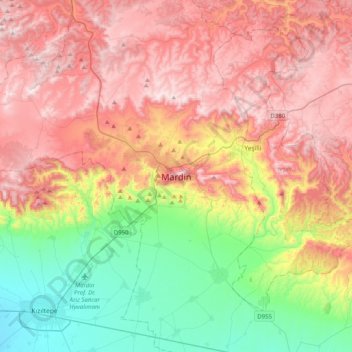 Mapa topográfico Mardin, altitud, relieve